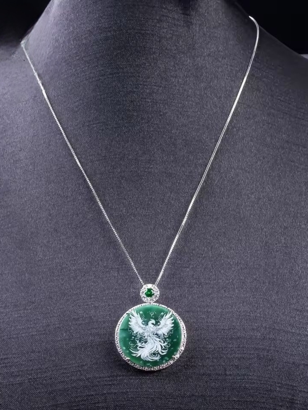 Green Jade Phoenix Pendant Necklace with Sparkling Halo